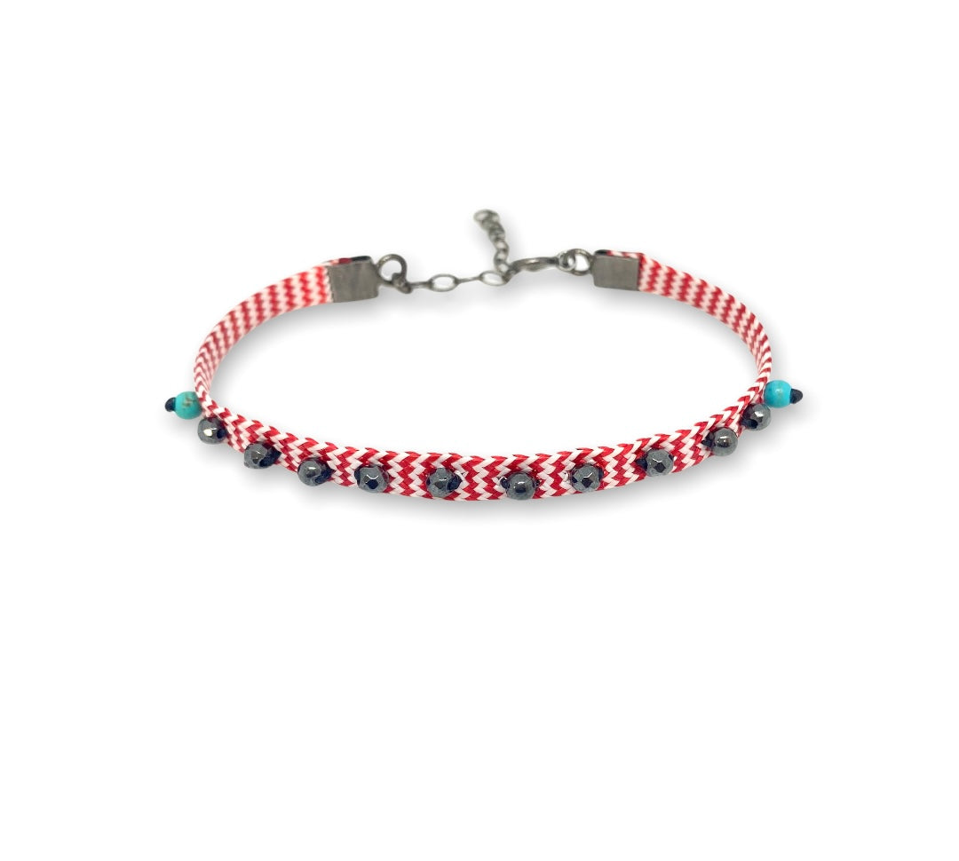 Beaded cuff “Spring” bracelet | hematite, silver and thread