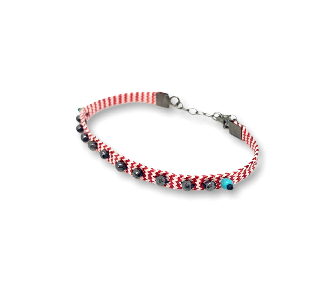 Beaded cuff “Spring” bracelet | hematite, silver and thread